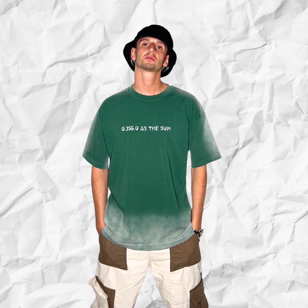 Front-facing pose of model in DALTONICO’s Hyperreal Sun Tee, a sage green oversized streetwear T-shirt challenging perception through code and minimal design.