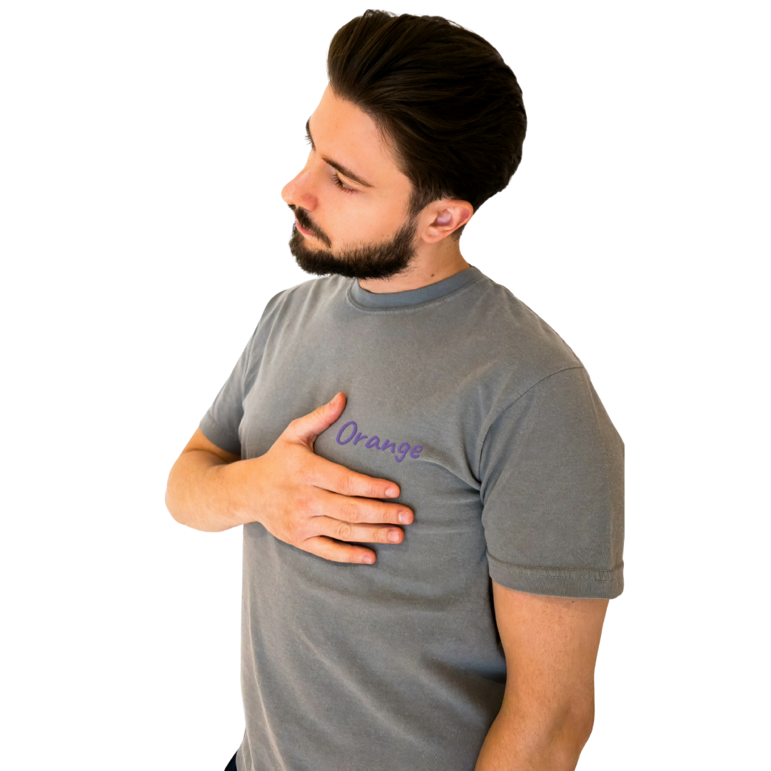 A guy wearing a Gray T-shirt with the word 'Orange' embroidered in Purple on the left chest. This soft, premium cotton T-shirt is designed for comfort and everyday style. The model poses with one hand on his chest, showcasing the embroidery and fit of the shirt with a thoughtful side profile.