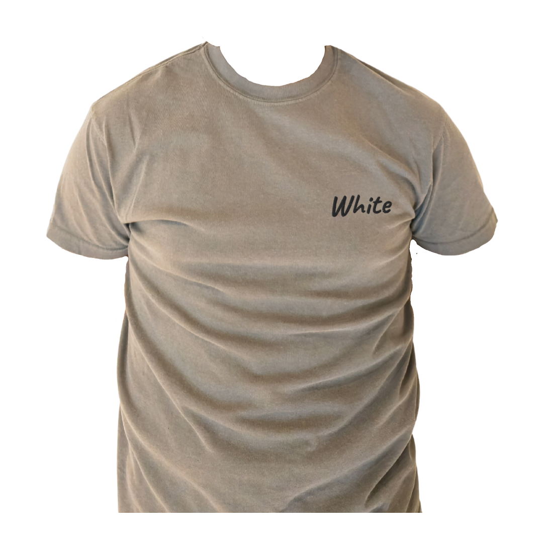 A Gray half sleeve T-shirt with the word 'White' embroidered in Black on the left chest, shown on a transparent background to highlight the detailed design and fit. This premium cotton T-shirt is designed for casual comfort and a modern look, ideal for showcasing unique style.