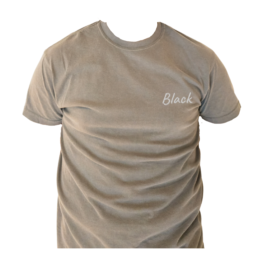 A Gray half sleeve T-shirt with the word 'Black' embroidered in White on the left chest, shown on a transparent background to highlight the detailed design and fit. This premium cotton T-shirt is designed for casual comfort and a modern look, ideal for showcasing unique style.