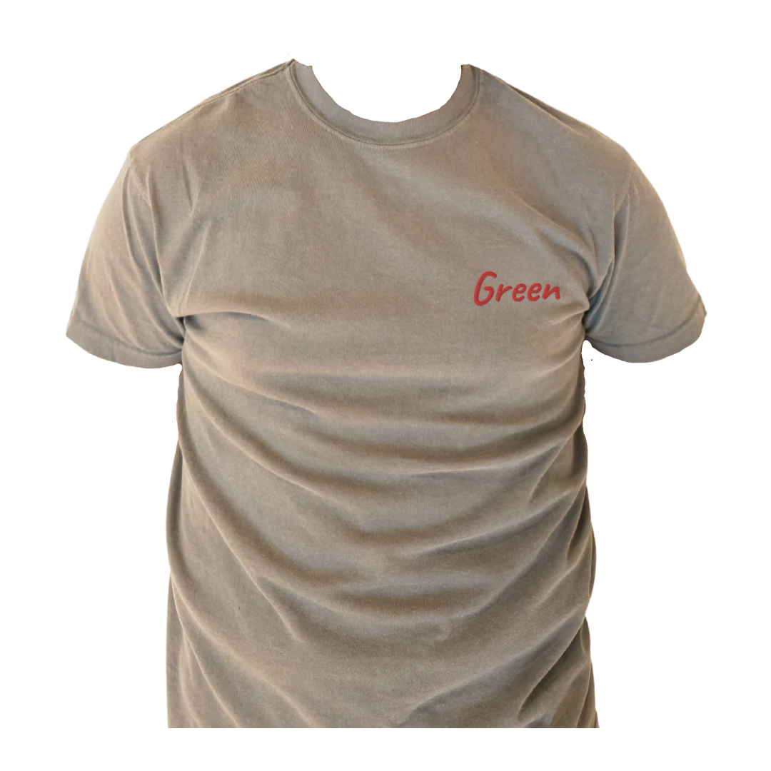 A Gray half sleeve T-shirt with the word 'Green' embroidered in Red on the left chest, shown on a transparent background to highlight the detailed design and fit. This premium cotton T-shirt is designed for casual comfort and a modern look, ideal for showcasing unique style.