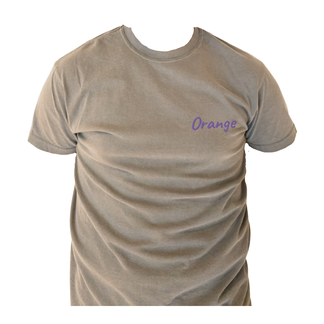 A Gray half sleeve T-shirt with the word 'Orange' embroidered in Purple on the left chest, shown on a transparent background to highlight the detailed design and fit. This premium cotton T-shirt is designed for casual comfort and a modern look, ideal for showcasing unique style.