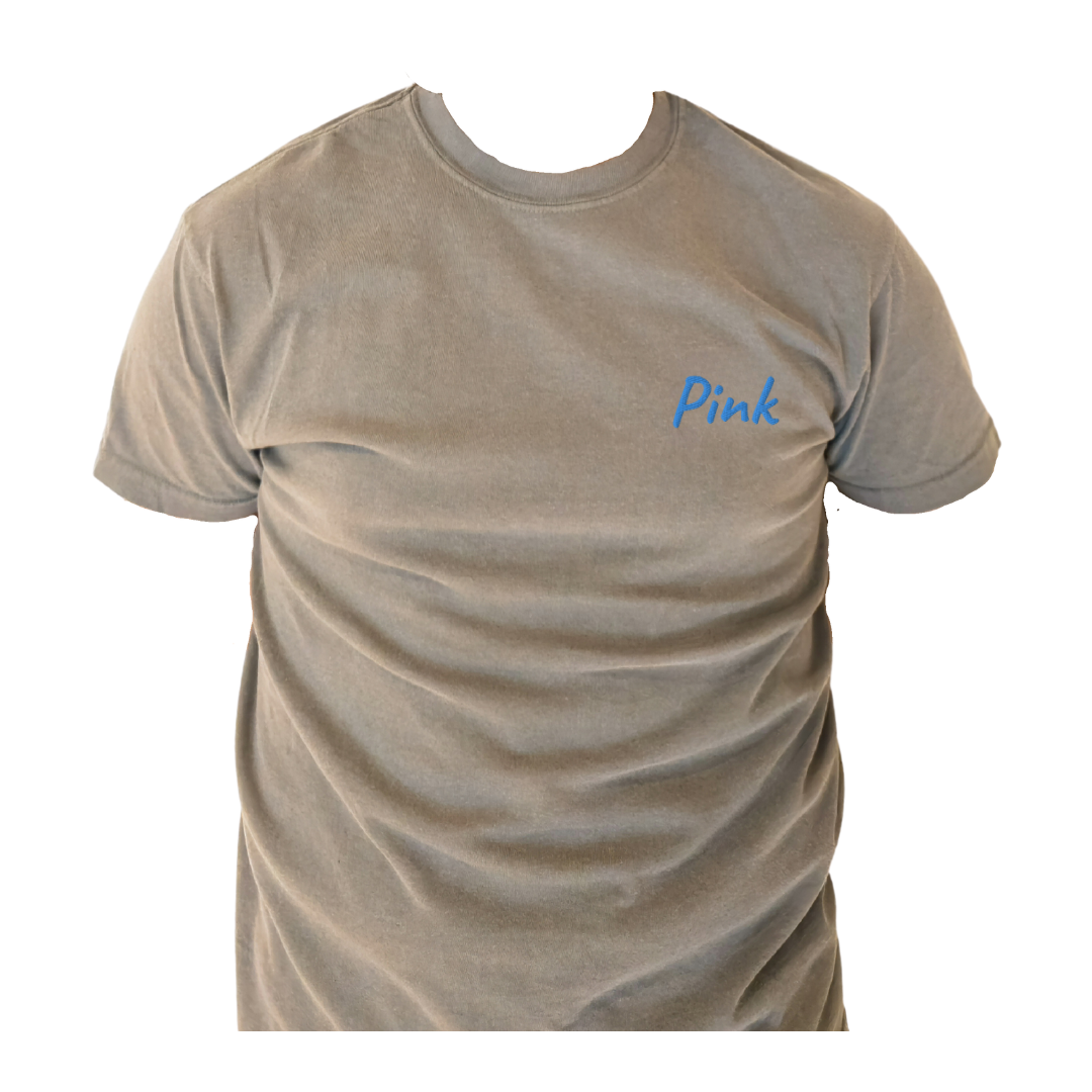 A Gray half sleeve T-shirt with the word 'Pink' embroidered in Blue on the left chest, shown on a transparent background to highlight the detailed design and fit. This premium cotton T-shirt is designed for casual comfort and a modern look, ideal for showcasing unique style.