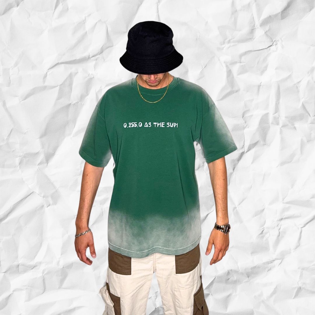 Model wearing DALTONICO Hyperreal Sun Tee in sage green with white front print “0.255.0 AS THE SUN”, styled with a black bucket hat and neutral cargos.
