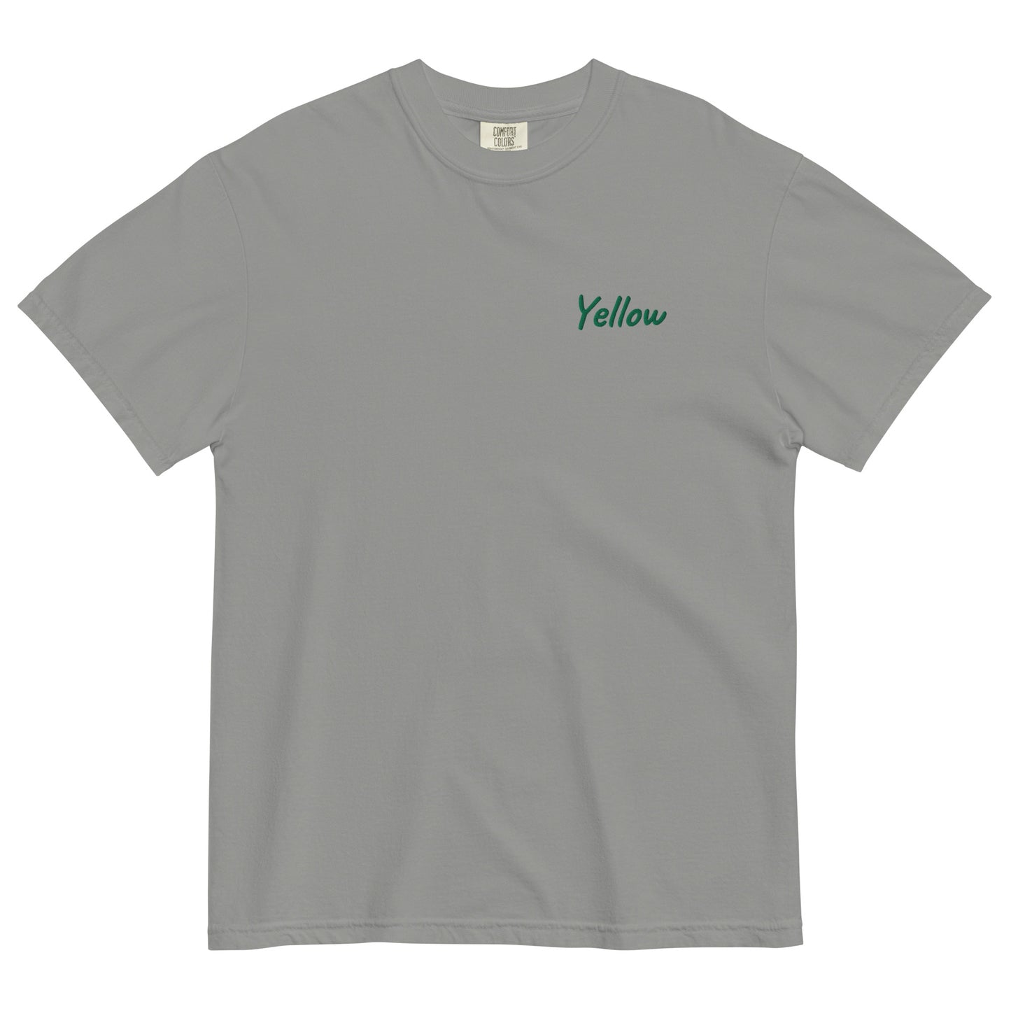 A gray T-shirt with 'Yellow' embroidered in green on the left chest. This high-quality cotton T-shirt is designed for comfort and style, perfect for casual wear and showcasing a unique look.