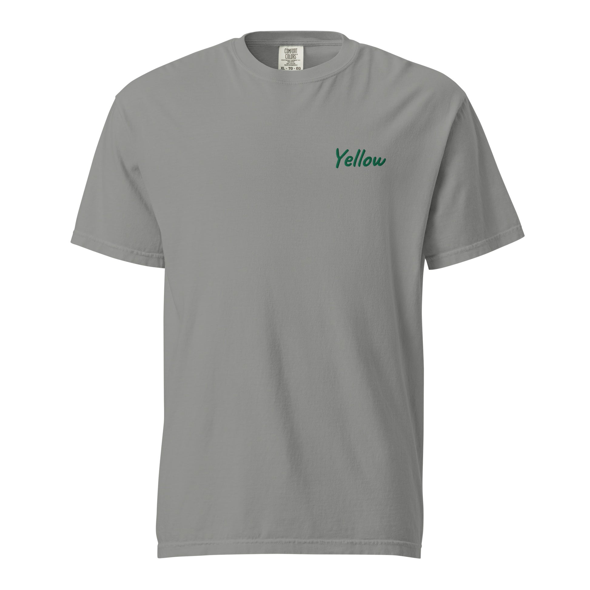 A plain gray T-shirt featuring the word 'Yellow' embroidered in green on the left chest. This simple yet stylish T-shirt is made from premium cotton, designed for a comfortable fit, making it perfect for casual wear and showcasing unique fashion.