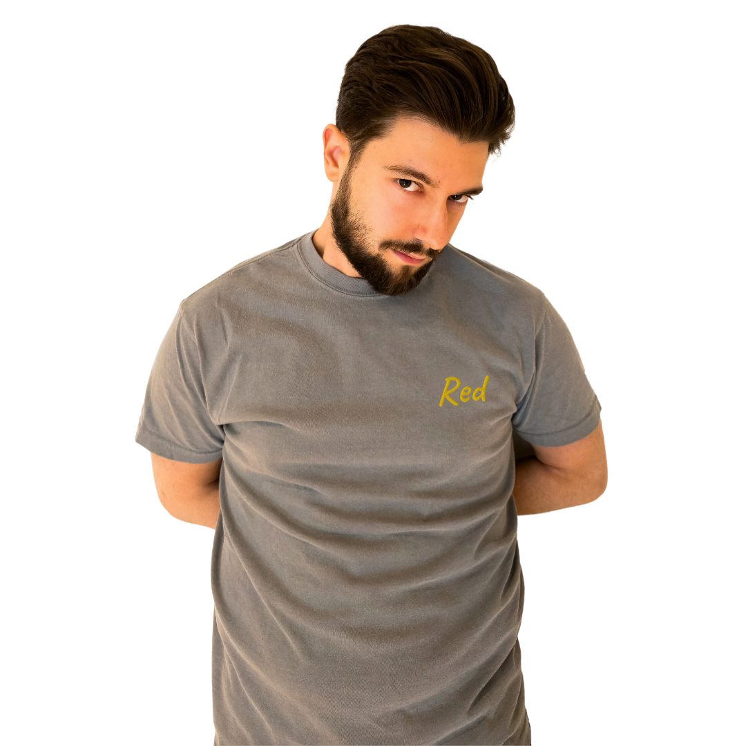 A man wearing a Gray T-shirt with the word 'Red' embroidered in Yellow on the left chest. This high-quality cotton T-shirt is designed for a relaxed and modern fit, ideal for everyday wear. The model stands with his arms behind his back and a playful, confident look, emphasizing the shirt's unique design.