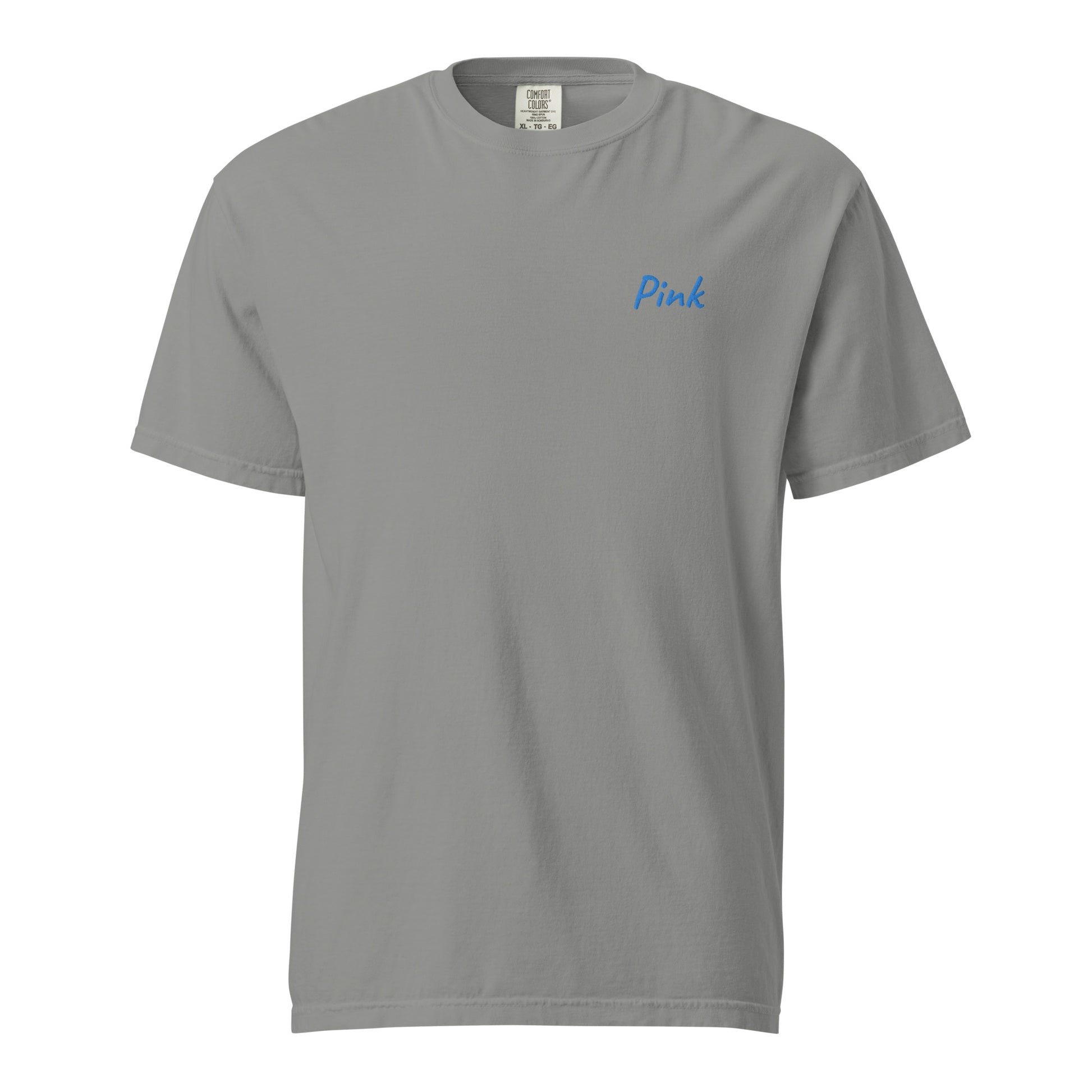 A plain Gray T-shirt featuring the word 'Pink' embroidered in Blue on the left chest. This simple yet stylish T-shirt is made from premium cotton, designed for a comfortable fit, making it perfect for casual wear and showcasing unique fashion.