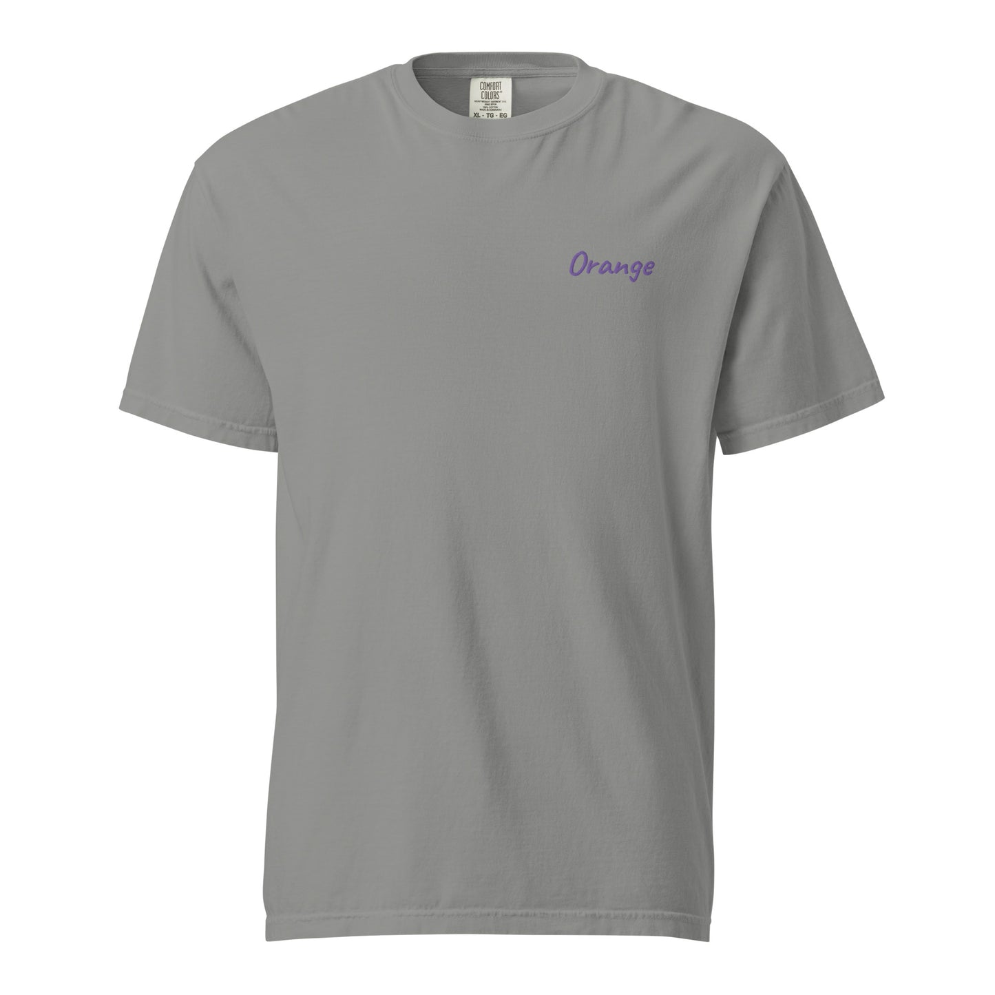 A plain Gray T-shirt featuring the word 'Orange' embroidered in Purple on the left chest. This simple yet stylish T-shirt is made from premium cotton, designed for a comfortable fit, making it perfect for casual wear and showcasing unique fashion.