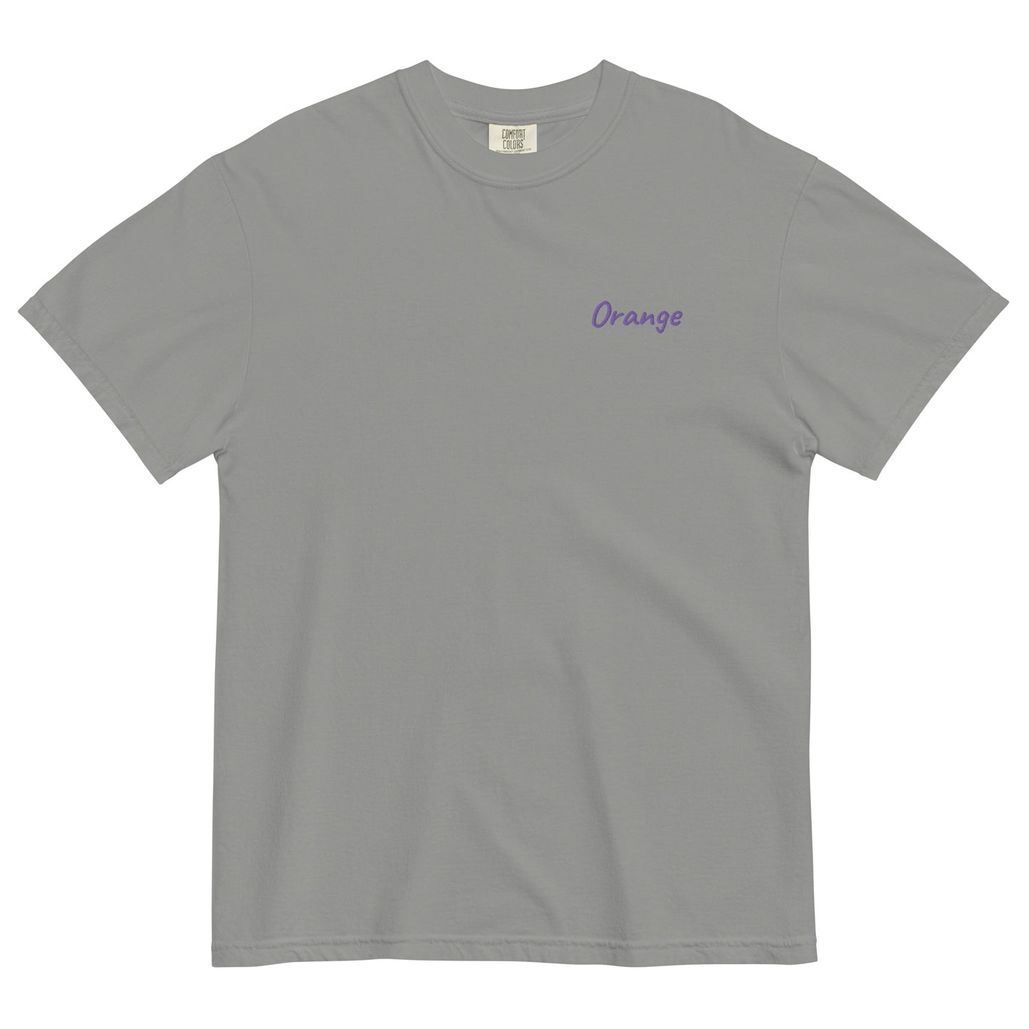 A Gray T-shirt with 'Orange' embroidered in Purple on the left chest. This high-quality cotton T-shirt is designed for comfort and style, perfect for casual wear and showcasing a unique look.