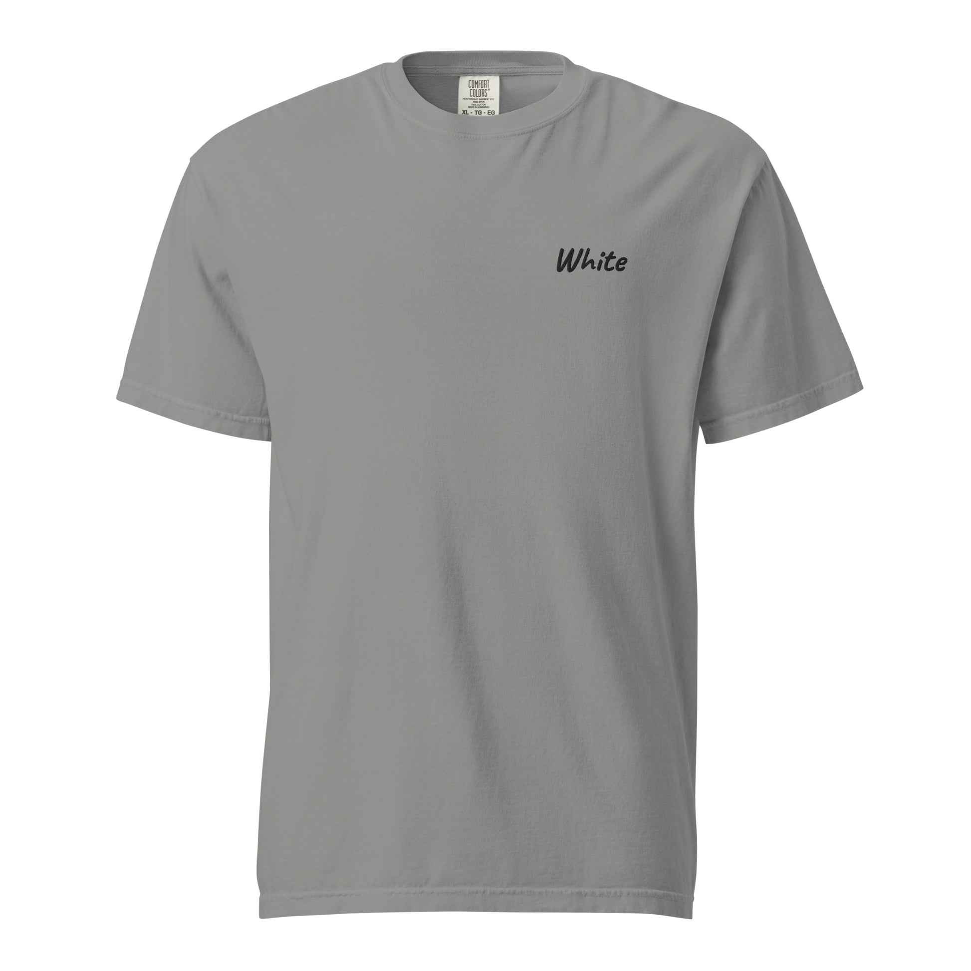 A plain Gray T-shirt featuring the word 'White' embroidered in Black on the left chest. This simple yet stylish T-shirt is made from premium cotton, designed for a comfortable fit, making it perfect for casual wear and showcasing unique fashion.