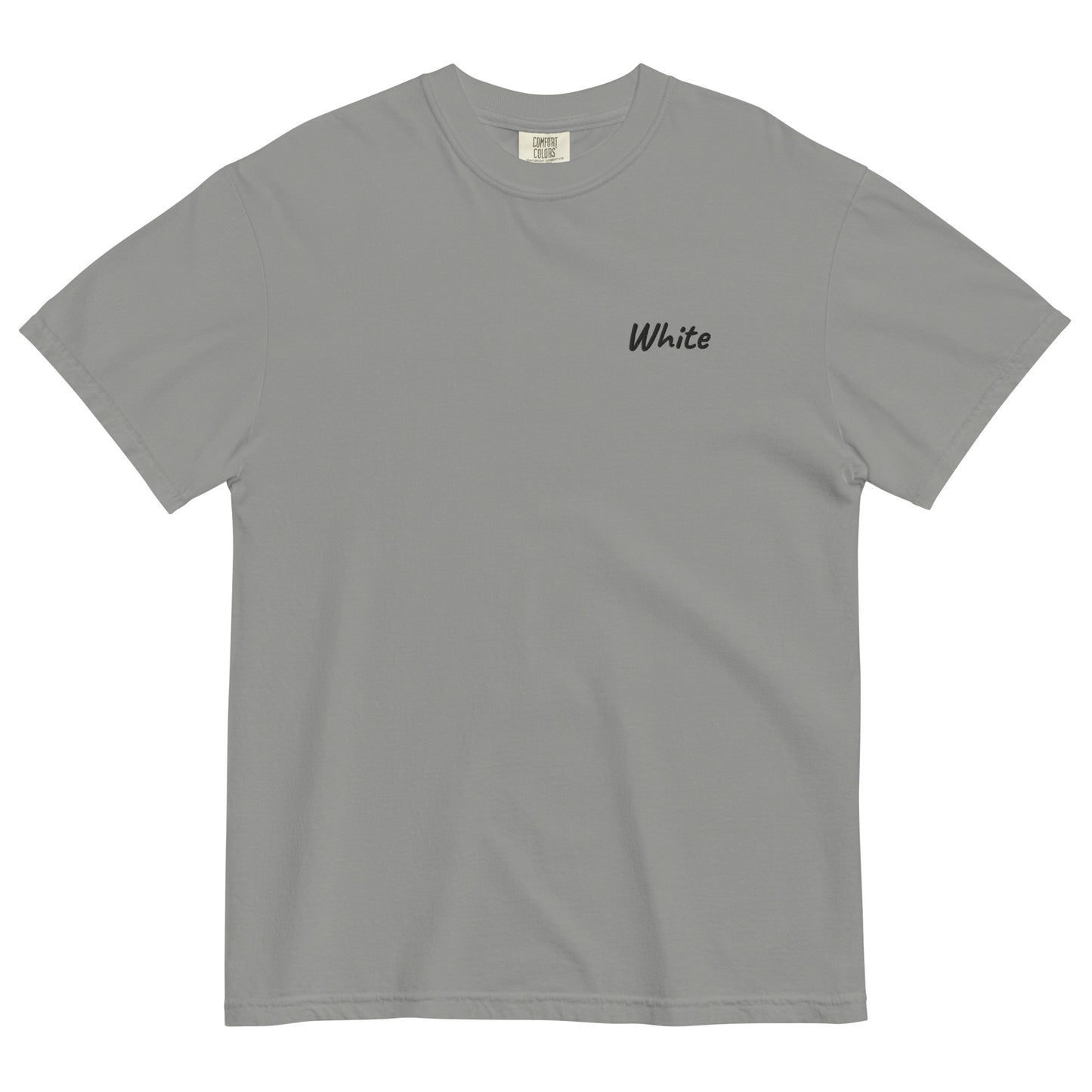 A Gray T-shirt with 'White' embroidered in Black on the left chest. This high-quality cotton T-shirt is designed for comfort and style, perfect for casual wear and showcasing a unique look.