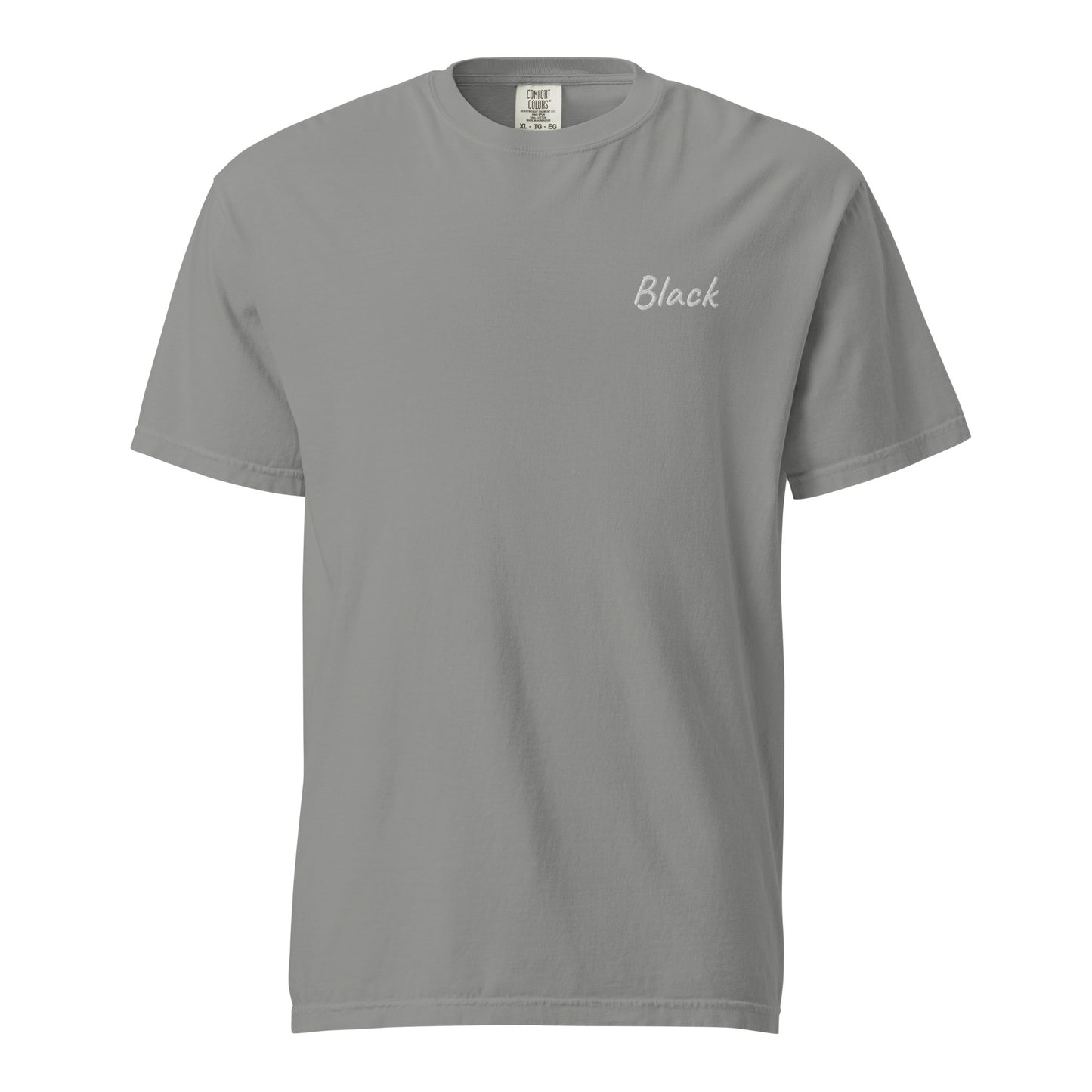 A plain Gray T-shirt featuring the word 'Black' embroidered in White on the left chest. This simple yet stylish T-shirt is made from premium cotton, designed for a comfortable fit, making it perfect for casual wear and showcasing unique fashion.