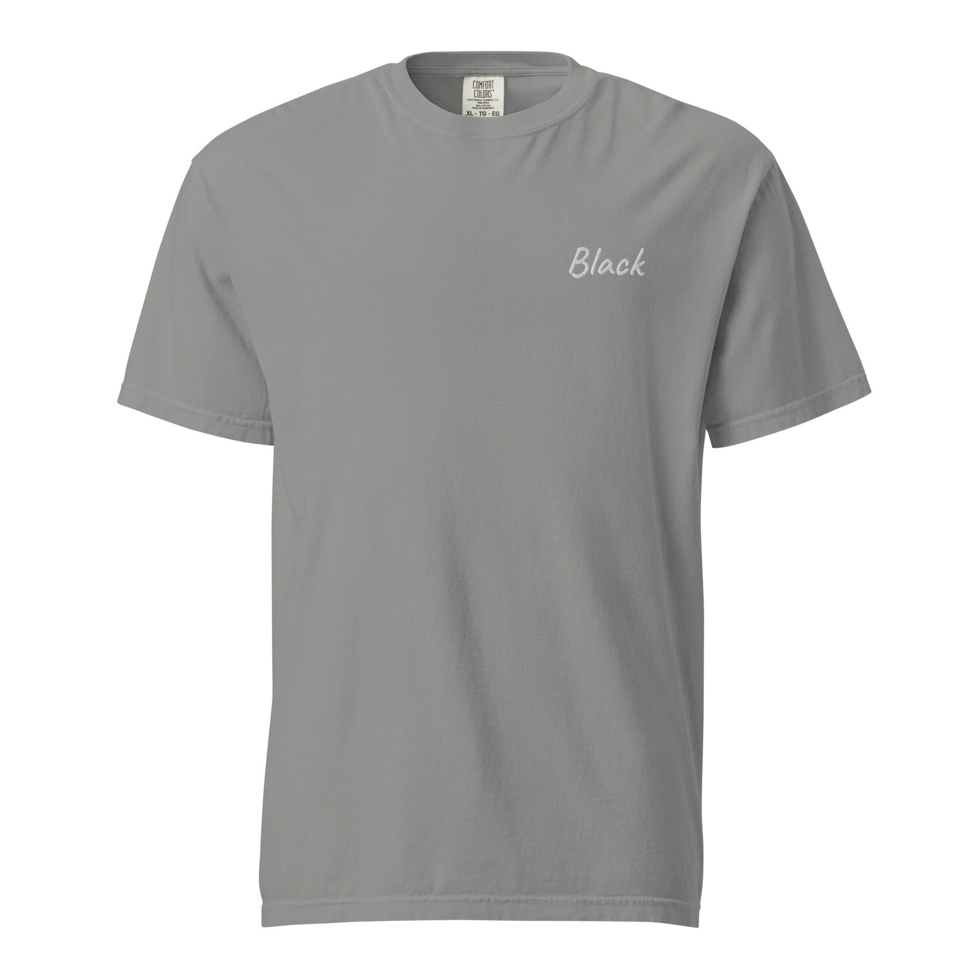 A plain Gray T-shirt featuring the word 'Black' embroidered in White on the left chest. This simple yet stylish T-shirt is made from premium cotton, designed for a comfortable fit, making it perfect for casual wear and showcasing unique fashion.