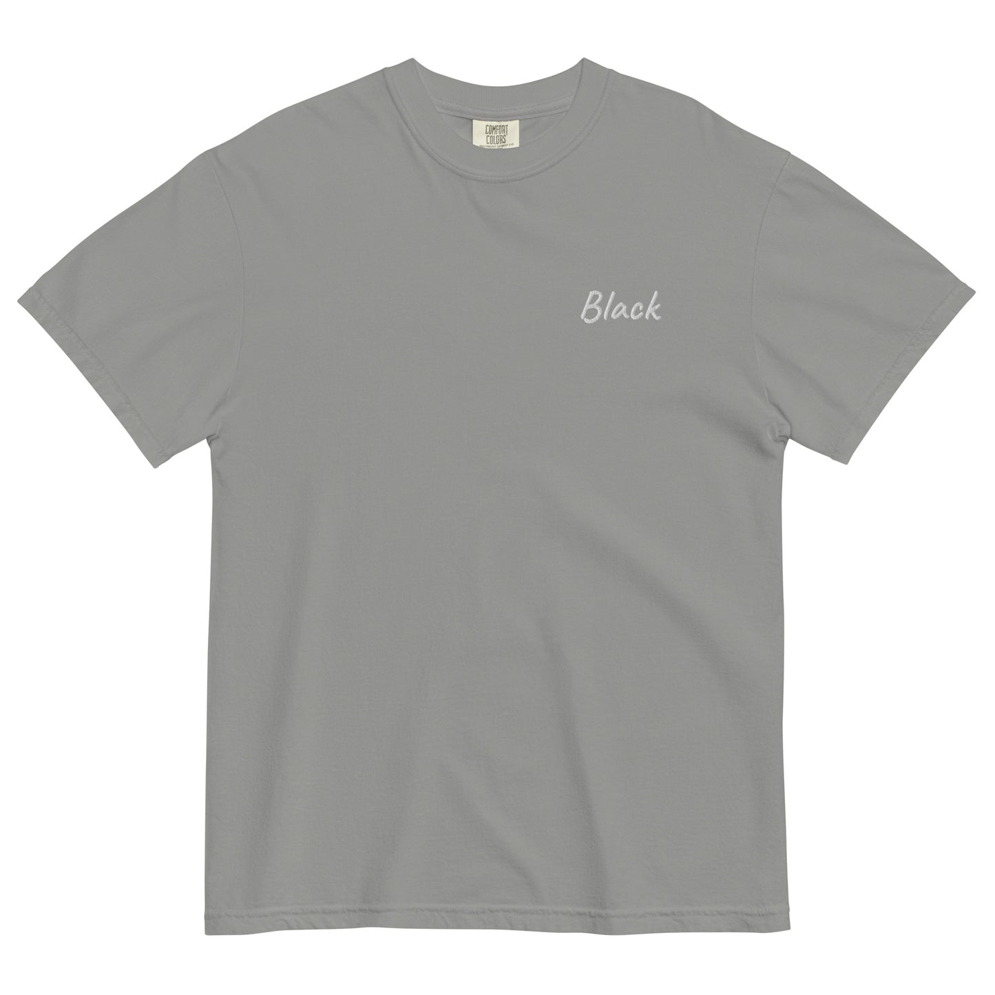 A Gray T-shirt with 'Black' embroidered in White on the left chest. This high-quality cotton T-shirt is designed for comfort and style, perfect for casual wear and showcasing a unique look.