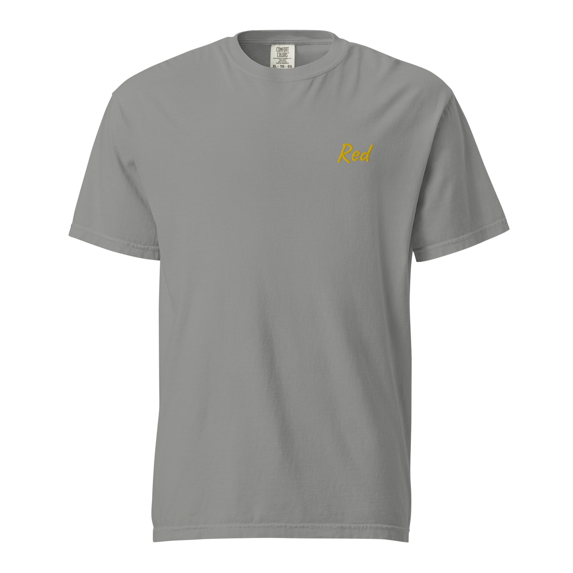 A plain Gray T-shirt featuring the word 'Red' embroidered in Yellow on the left chest. This simple yet stylish T-shirt is made from premium cotton, designed for a comfortable fit, making it perfect for casual wear and showcasing unique fashion.