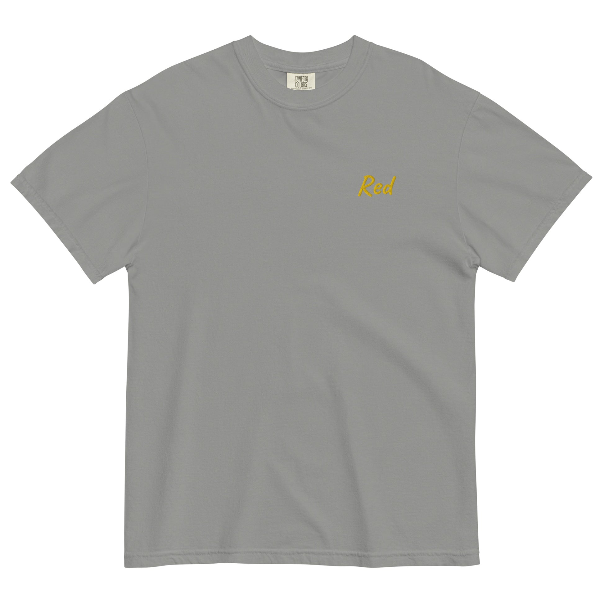 A Gray T-shirt with 'Red' embroidered in Yellow on the left chest. This high-quality cotton T-shirt is designed for comfort and style, perfect for casual wear and showcasing a unique look.