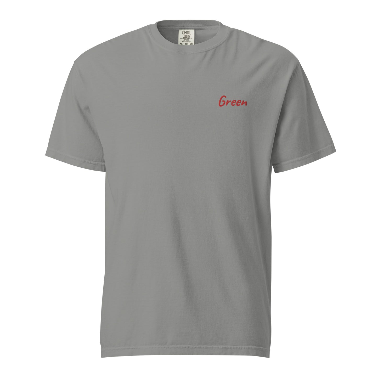 A plain Gray T-shirt featuring the word 'Green' embroidered in Red on the left chest. This simple yet stylish T-shirt is made from premium cotton, designed for a comfortable fit, making it perfect for casual wear and showcasing unique fashion.