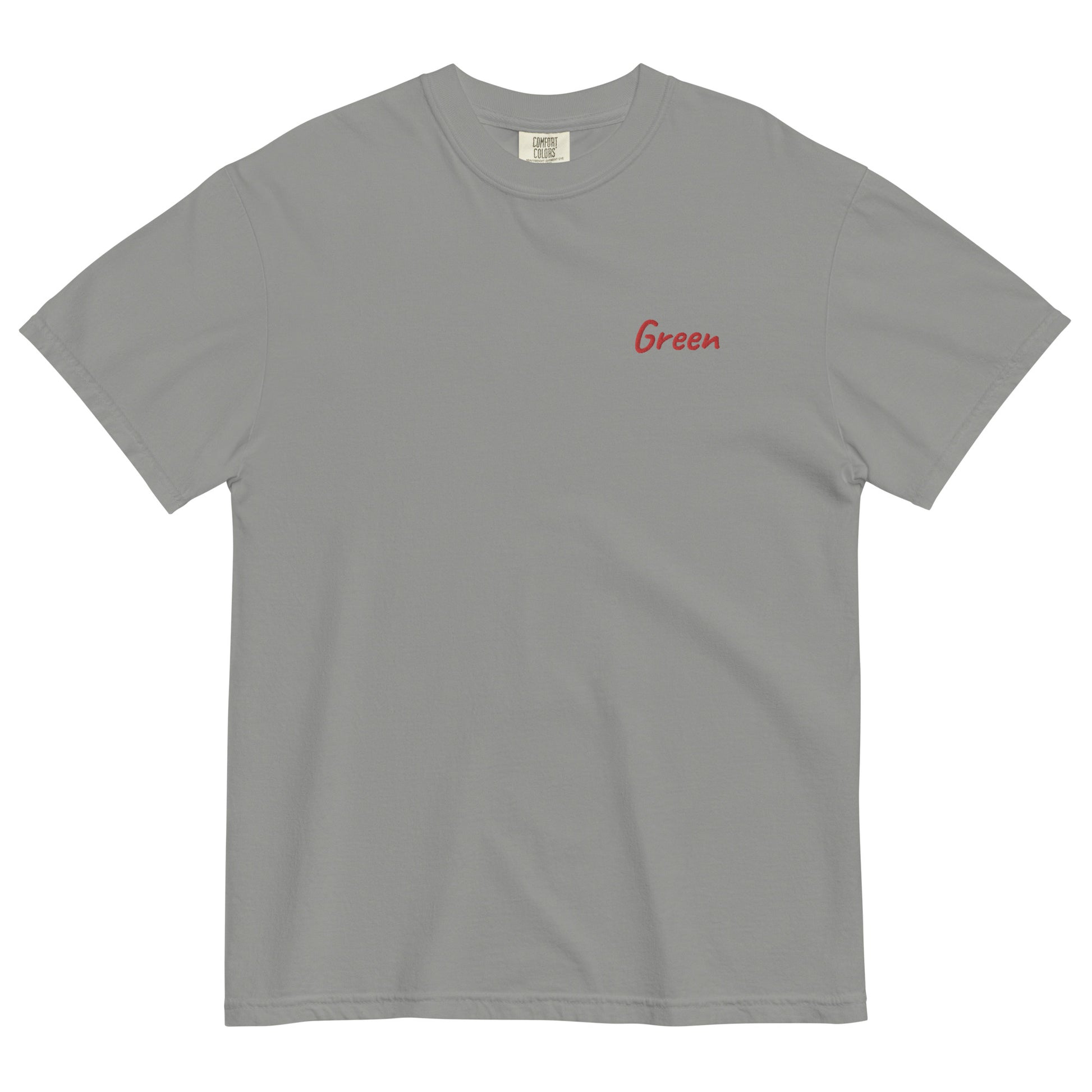 A Gray T-shirt with 'Green' embroidered in Red on the left chest. This high-quality cotton T-shirt is designed for comfort and style, perfect for casual wear and showcasing a unique look.